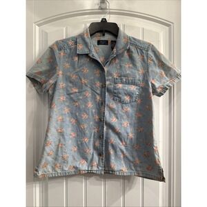 Crazy Horse Liz Claiborne Button Up Denim Floral Print Blouse S